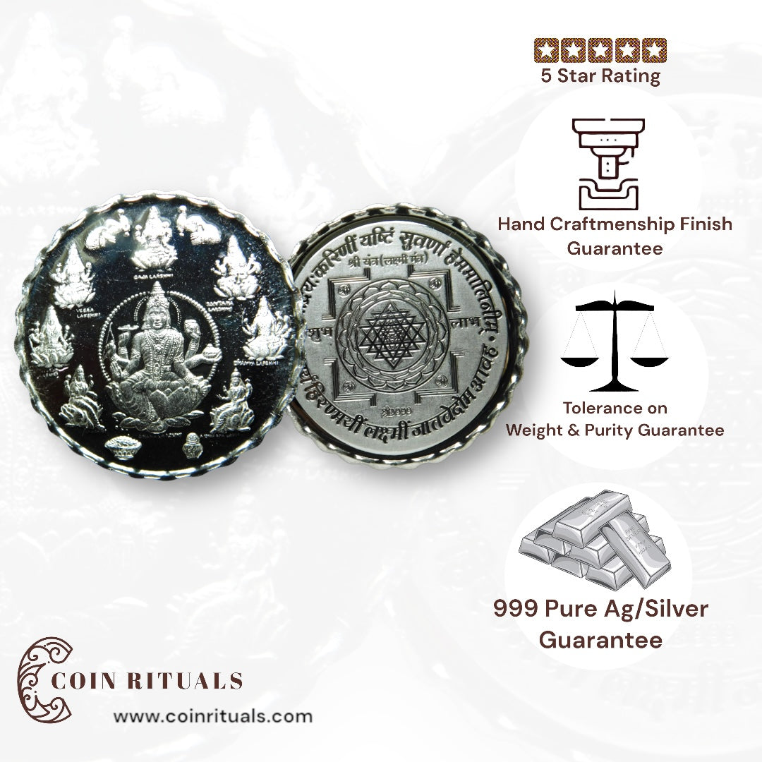 Goddess Ashta Laskhmi - 3D Silver Coin Purity 999 Round Shape - Back side Shree Yantra - Coin Rituals
