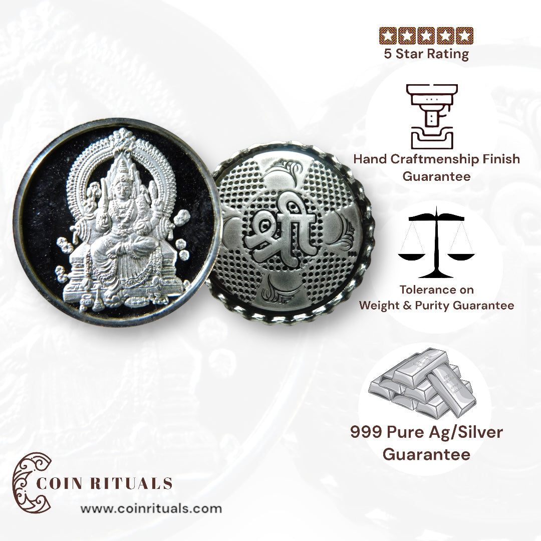 Goddess Aadishakti - 3D Silver Coin 24KT Purity 999 Round Shape - Backside Shree - Coin Rituals
