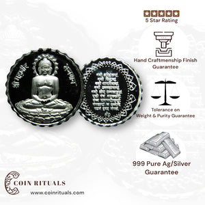 Mahaveer Swamy - 3D Silver Coin 24KT Purity 999 Round Shape - Backside Namokar Mantra - Coin Rituals