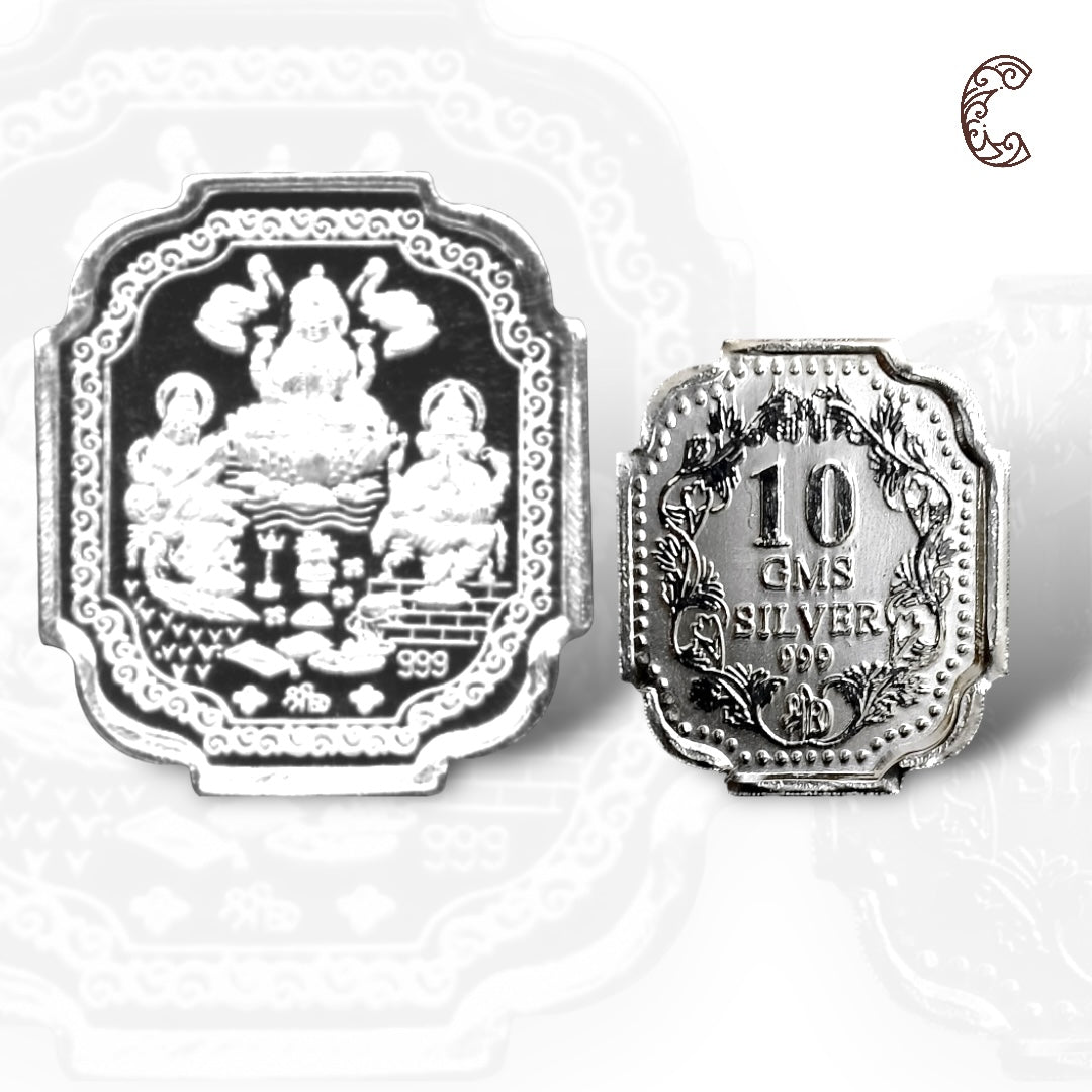 God Ganesh, Saraswati & Lakshmi / Treemurty - Silver Coin 24KT Purity 999 Round Shape - Backside Shree Yantra - Coin Rituals