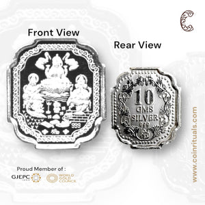 God Ganesh, Saraswati & Lakshmi / Treemurty - Silver Coin 24KT Purity 999 Round Shape - Backside Shree Yantra - Coin Rituals