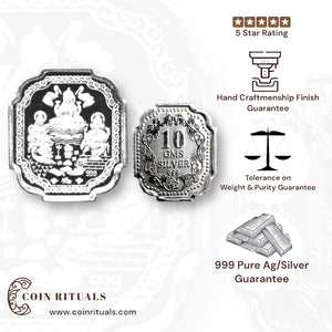 God Ganesh, Saraswati & Lakshmi / Treemurty - Silver Coin 24KT Purity 999 Round Shape - Backside Shree Yantra - Coin Rituals