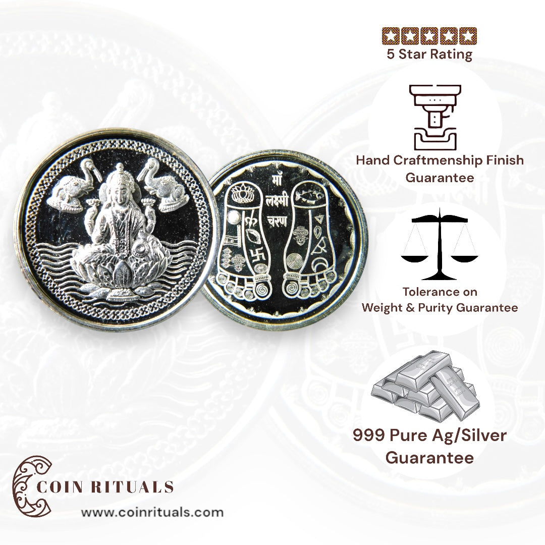 Goddess Lakshmi - 3D Silver Coin 24KT Purity 999 Round Shape - Backside Shree Charan - Coin Rituals