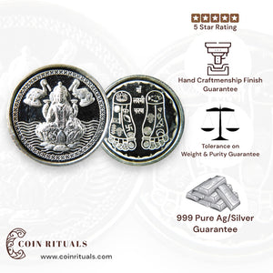 Goddess Lakshmi - 3D Silver Coin 24KT Purity 999 Round Shape - Backside Shree Charan - Coin Rituals