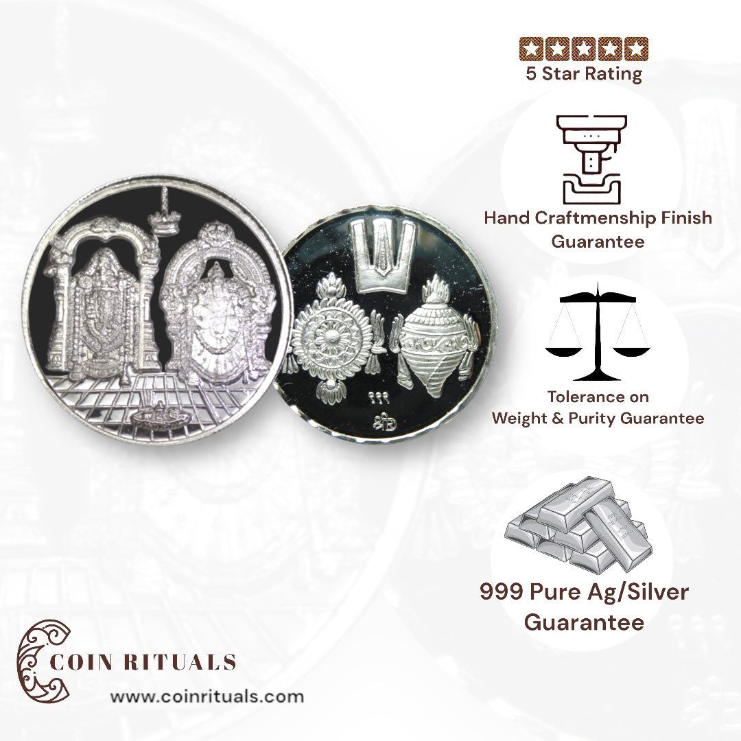 God Balaji Padmavati - 3D Silver Coin 24KT Purity 999 Round Shape - Backside Shankh Chakra Tilak - Coin Rituals