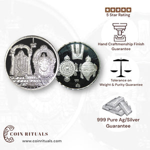 God Balaji Padmavati - 3D Silver Coin 24KT Purity 999 Round Shape - Backside Shankh Chakra Tilak - Coin Rituals