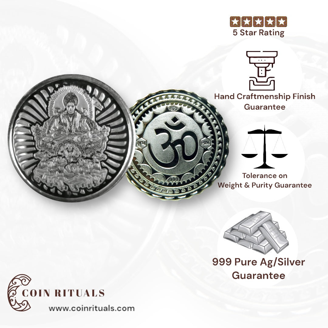 God Surya Dev - 3D Silver Coin 24KT Purity 999 Round Shape - Backside Om - Coin Rituals