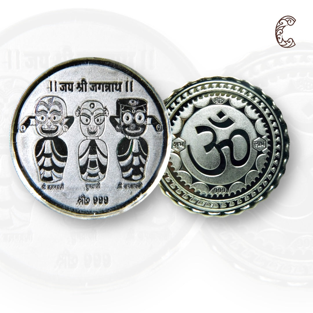 God Jagannath - 3D  Silver Coin 24KT Purity 999 Round Shape - Backside Om - Coin Rituals