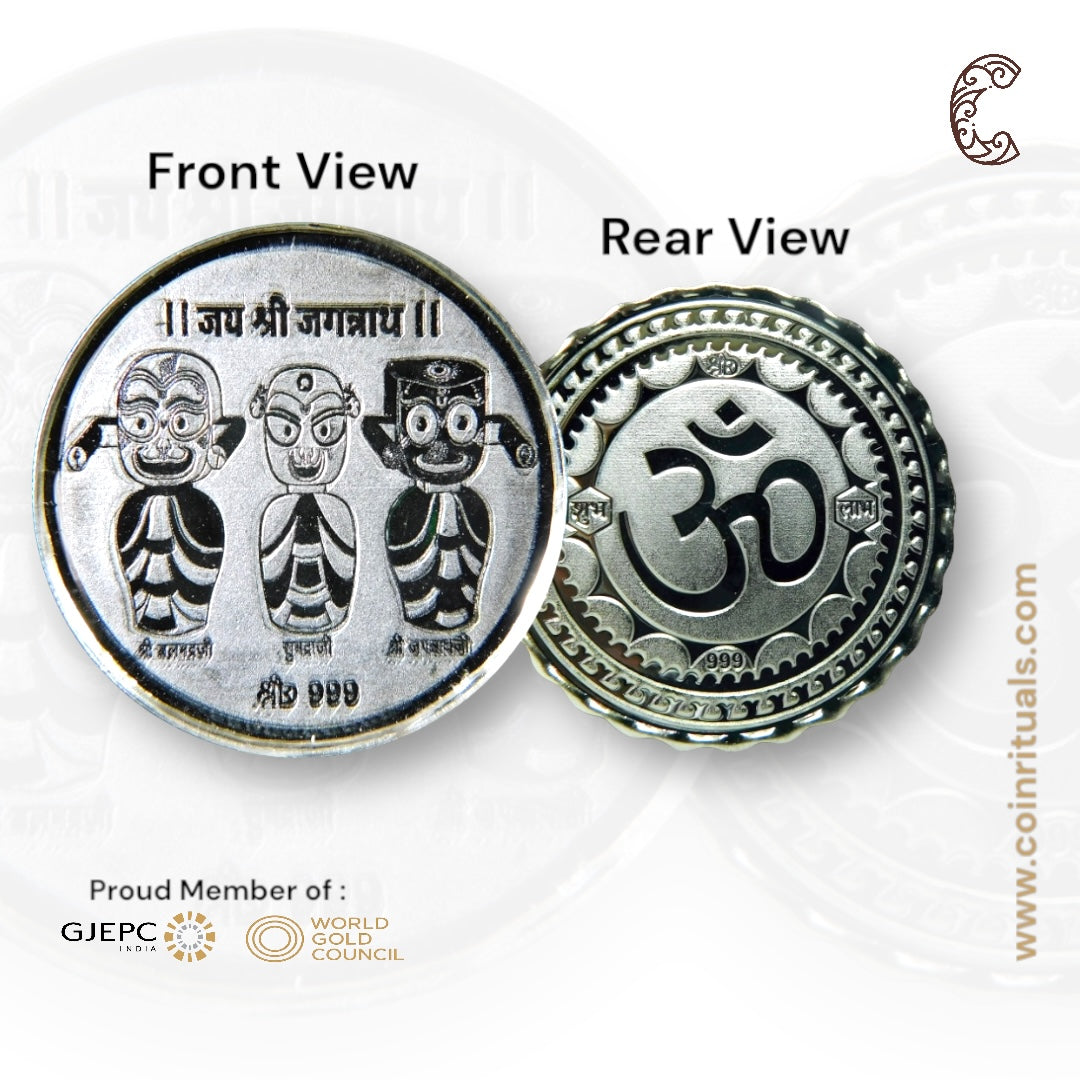 God Jagannath - 3D  Silver Coin 24KT Purity 999 Round Shape - Backside Om - Coin Rituals