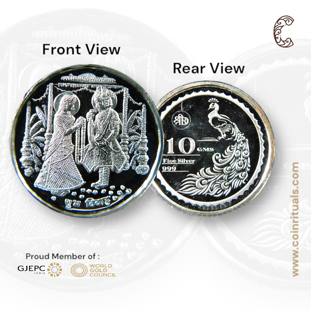 Bride Groom -Couple - 3D Silver Coin 24KT Purity 999 Round Shape - Backside Peacock - Coin Rituals