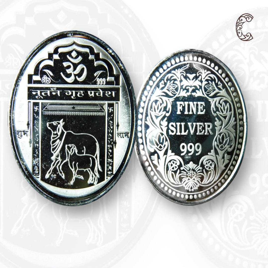 Gruha Pravesh - 3D Silver Coin 24KT Purity 999 Round Shape - Backside Om - Coin Rituals