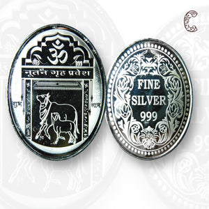 Gruha Pravesh - 3D Silver Coin 24KT Purity 999 Round Shape - Backside Om - Coin Rituals
