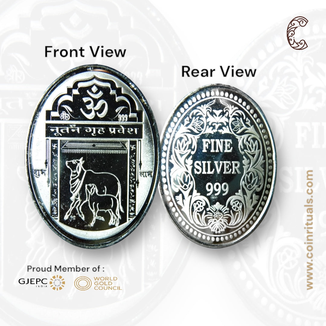 Gruha Pravesh - 3D Silver Coin 24KT Purity 999 Round Shape - Backside Om - Coin Rituals