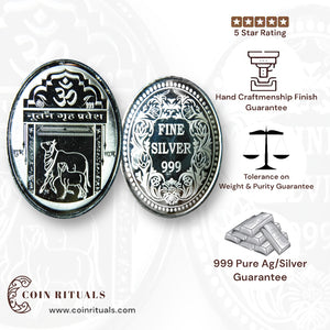Gruha Pravesh - 3D Silver Coin 24KT Purity 999 Round Shape - Backside Om - Coin Rituals