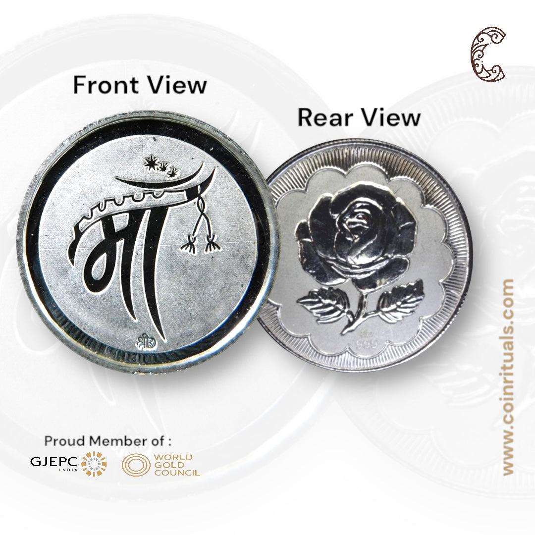 Maa - 3D Silver Coin 24KT Purity 999 Round Shape Front side   - Backside Rose - Coin Rituals