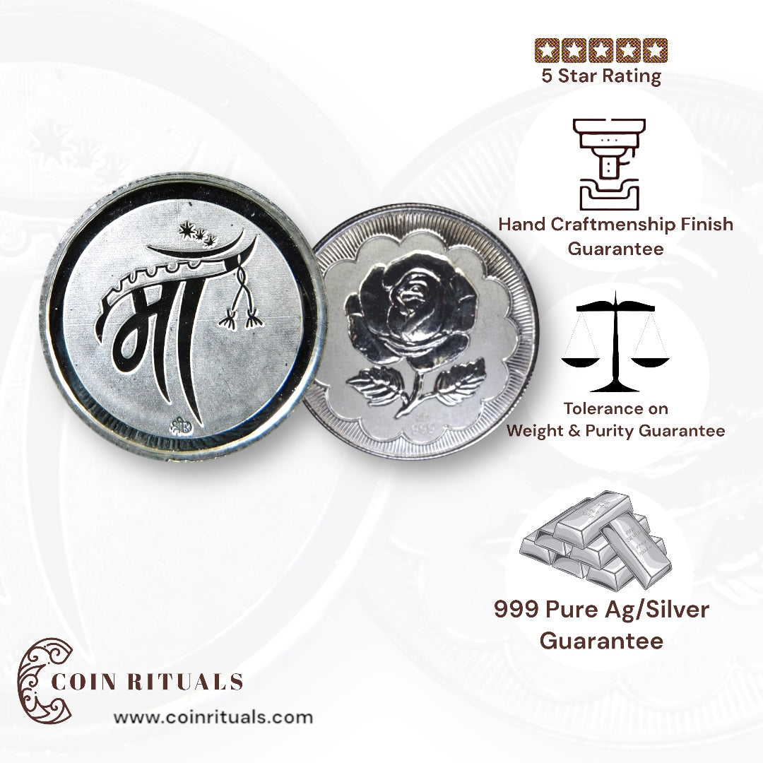Maa - 3D Silver Coin 24KT Purity 999 Round Shape Front side   - Backside Rose - Coin Rituals