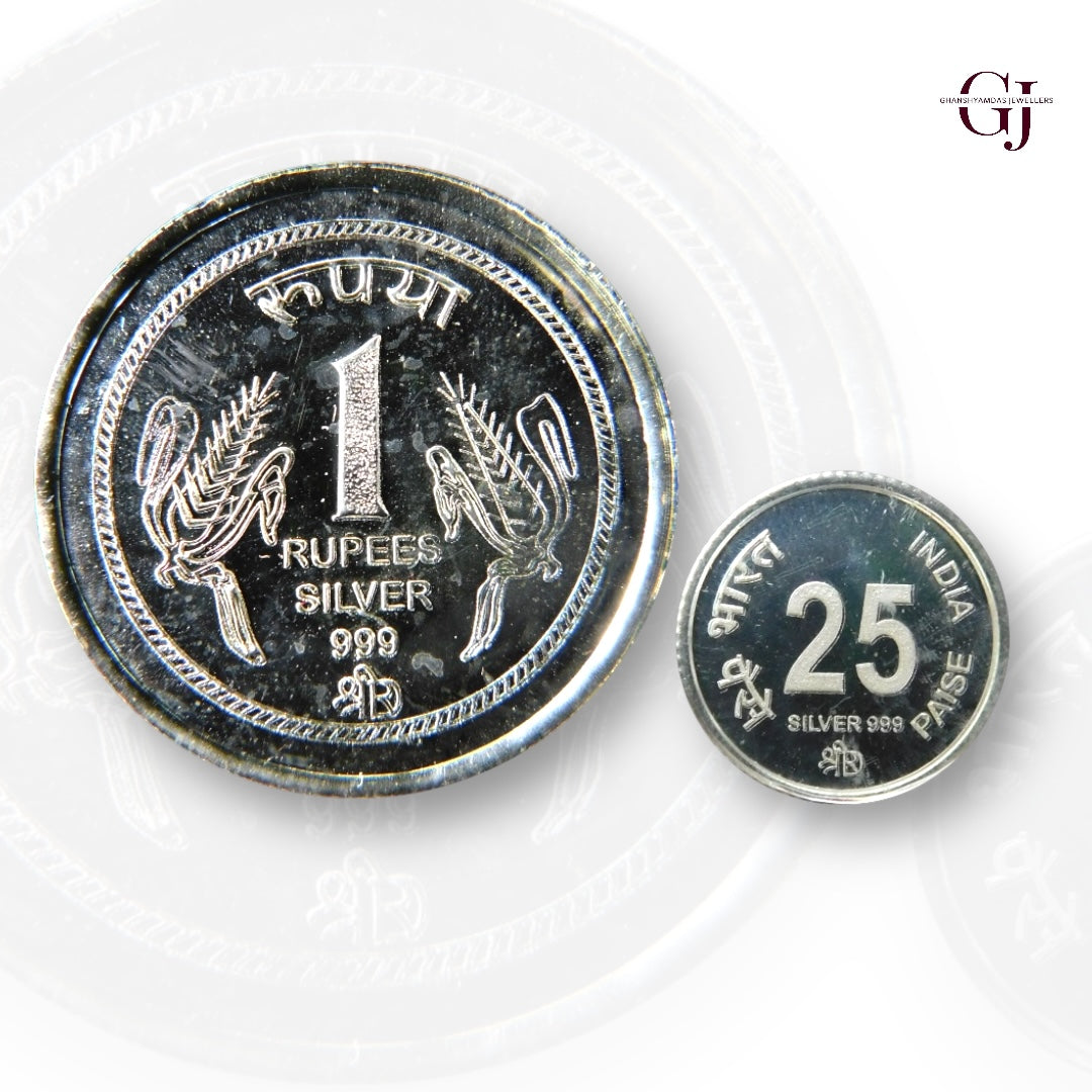 1 Rupee +25 Paisa- 3D Silver Coin 24KT Purity 999 Round Shape - 2 Pieces - Coin Rituals