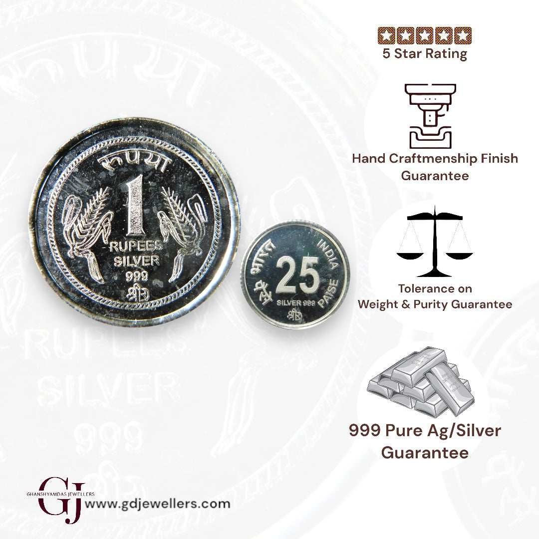 1 Rupee +25 Paisa- 3D Silver Coin 24KT Purity 999 Round Shape - 2 Pieces - Coin Rituals