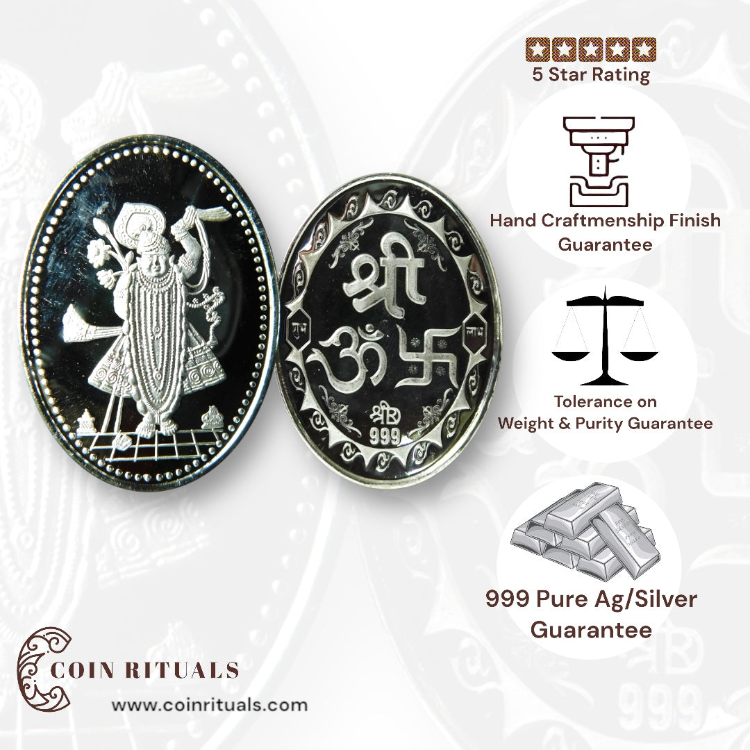 God Srinath - 3D Silver Coin 24KT Purity 999 Round Shape - Backside Shree - Coin Rituals