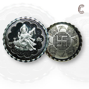 Goddess Maa Saraswati - 3D Silver Coin 24KT Purity 999 Round Shape - Backside Sawatik - Coin Rituals