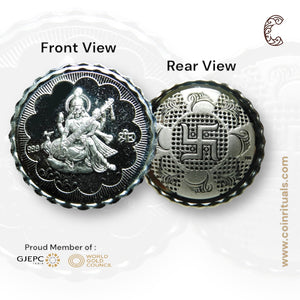 Goddess Maa Saraswati - 3D Silver Coin 24KT Purity 999 Round Shape - Backside Sawatik - Coin Rituals