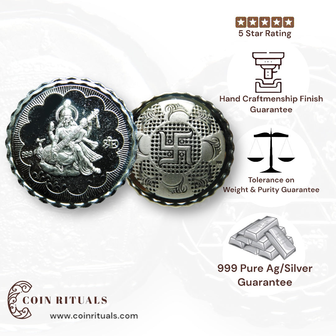 Goddess Maa Saraswati - 3D Silver Coin 24KT Purity 999 Round Shape - Backside Sawatik - Coin Rituals