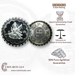 Goddess Maa Saraswati - 3D Silver Coin 24KT Purity 999 Round Shape - Backside Sawatik - Coin Rituals