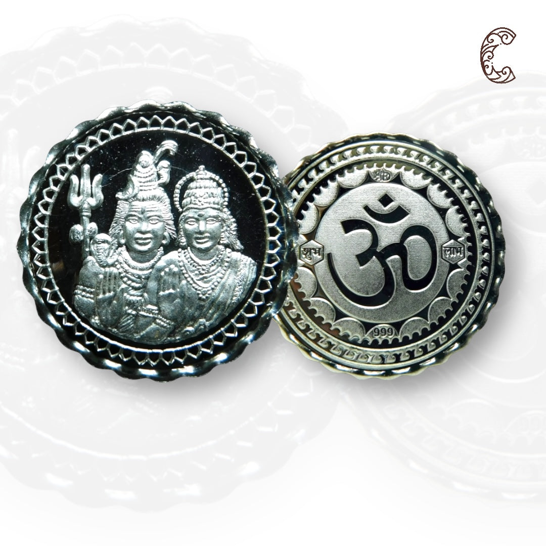 God Shiv & Parvati - 3D Silver Coin 24KT Purity 999 Round Shape - Backside Om - Coin Rituals