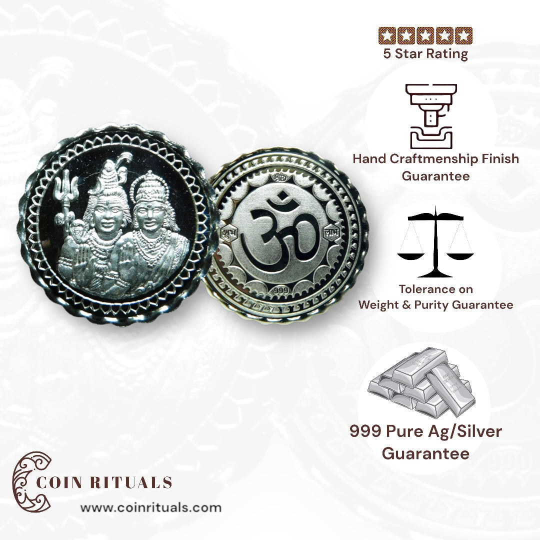 God Shiv & Parvati - 3D Silver Coin 24KT Purity 999 Round Shape - Backside Om - Coin Rituals