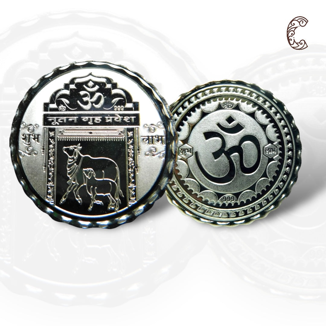 Gruha Pravesh - 3D Silver Coin 24KT Purity 999 Round Shape - Backside Om - Coin Rituals
