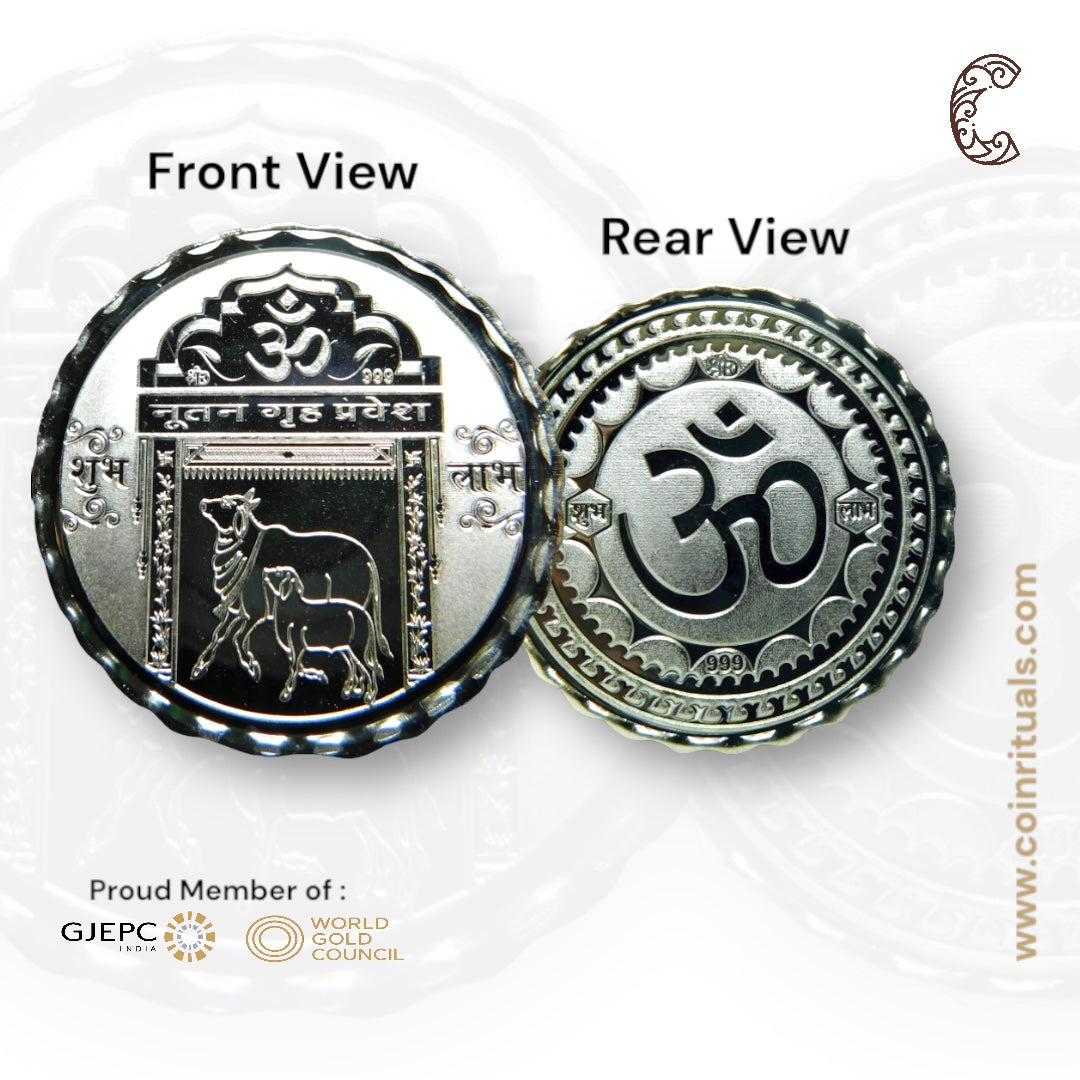 Gruha Pravesh - 3D Silver Coin 24KT Purity 999 Round Shape - Backside Om - Coin Rituals