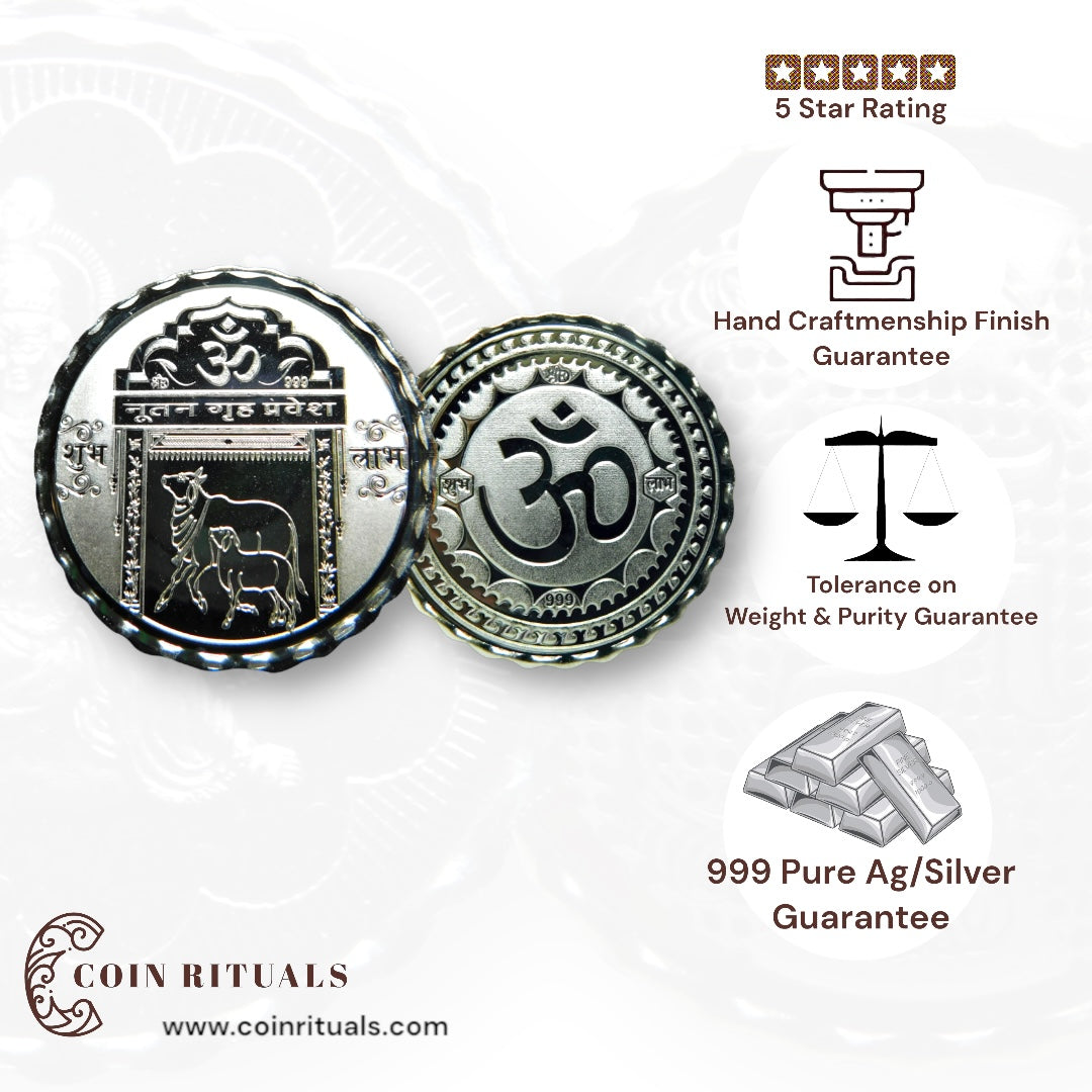 Gruha Pravesh - 3D Silver Coin 24KT Purity 999 Round Shape - Backside Om - Coin Rituals