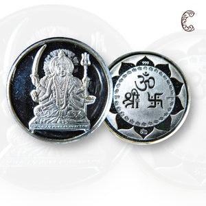 Goddess Shantoshi Mata - 3D Silver Coin 24KT Purity 999 Round Shape - Backside Shree Om Swastik - Coin Rituals