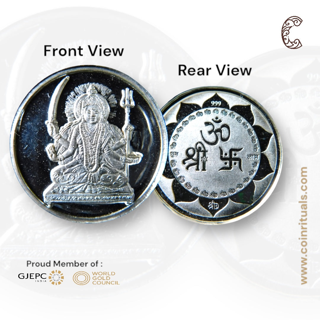 Goddess Shantoshi Mata - 3D Silver Coin 24KT Purity 999 Round Shape - Backside Shree Om Swastik - Coin Rituals
