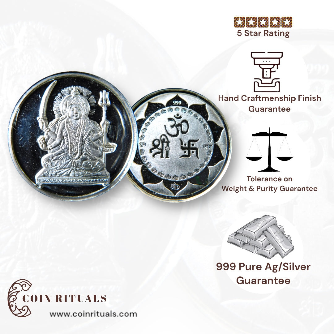 Goddess Shantoshi Mata - 3D Silver Coin 24KT Purity 999 Round Shape - Backside Shree Om Swastik - Coin Rituals