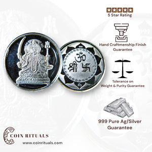 Goddess Shantoshi Mata - 3D Silver Coin 24KT Purity 999 Round Shape - Backside Shree Om Swastik - Coin Rituals