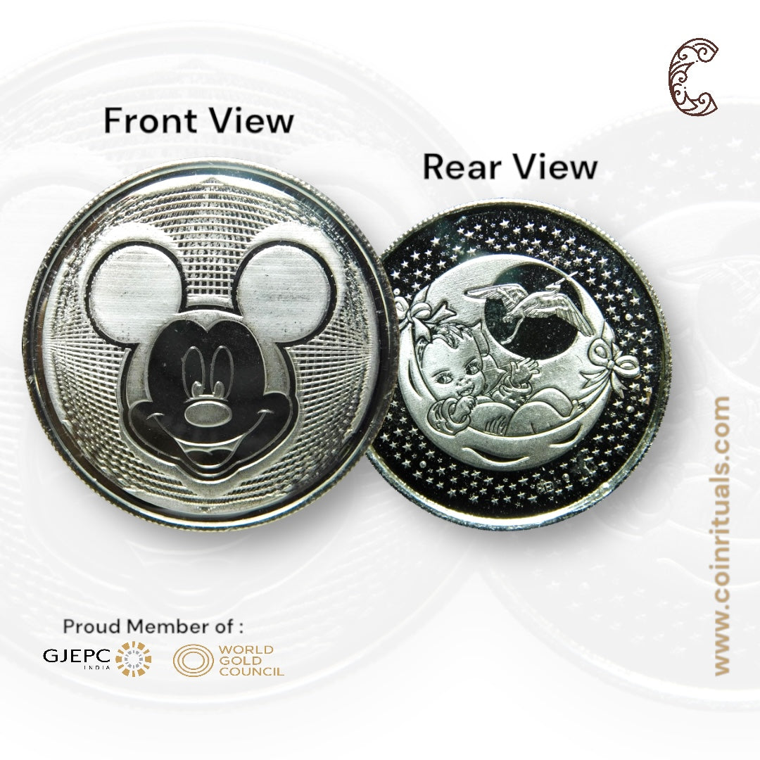 Micky Mouse - 3D Silver Coin 24KT Purity 999 Round Shape - Backside Baby On The Stars - Coin Rituals