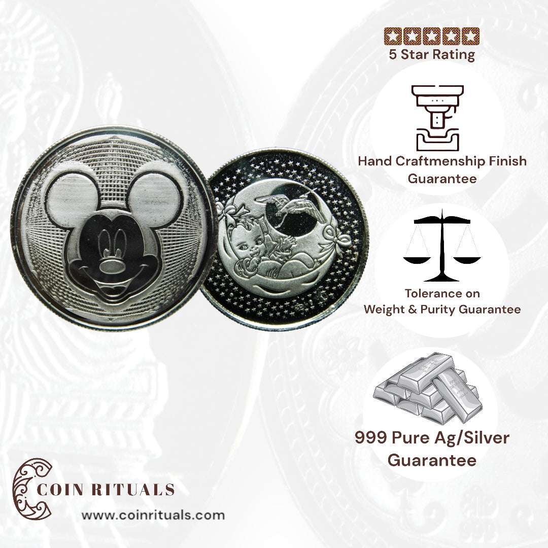 Micky Mouse - 3D Silver Coin 24KT Purity 999 Round Shape - Backside Baby On The Stars - Coin Rituals