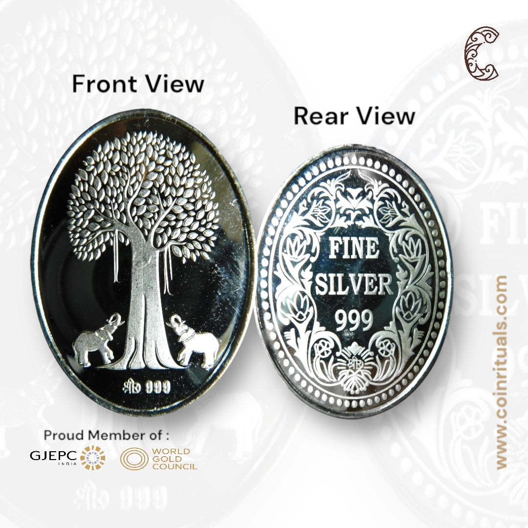 Banyan Tree - 3D Silver Coin 24KT Purity 999 Round Shape Front side   - Backside Maple Leaf - Coin Rituals