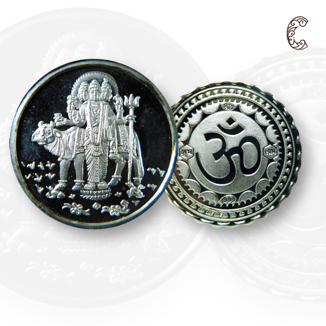 Guru Dattatreya - 3D Silver Coin 24KT Purity 999 Round Shape - Backside Om - Coin Rituals