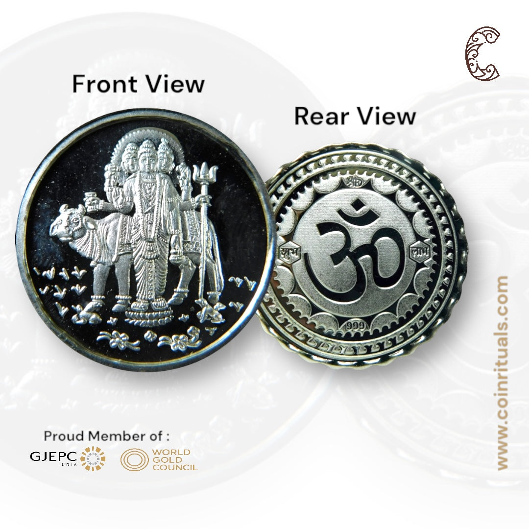 Guru Dattatreya - 3D Silver Coin 24KT Purity 999 Round Shape - Backside Om - Coin Rituals