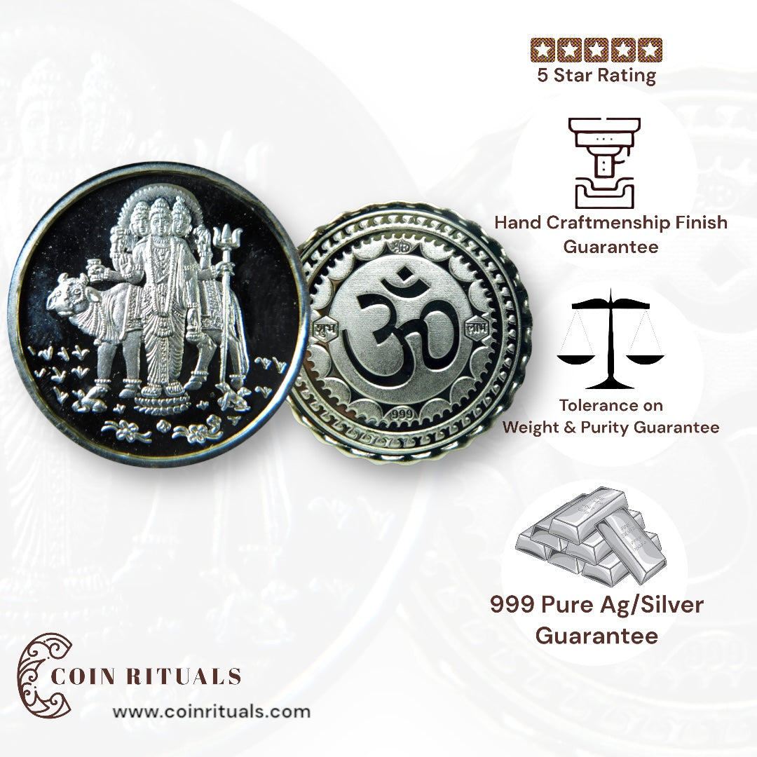 Guru Dattatreya - 3D Silver Coin 24KT Purity 999 Round Shape - Backside Om - Coin Rituals