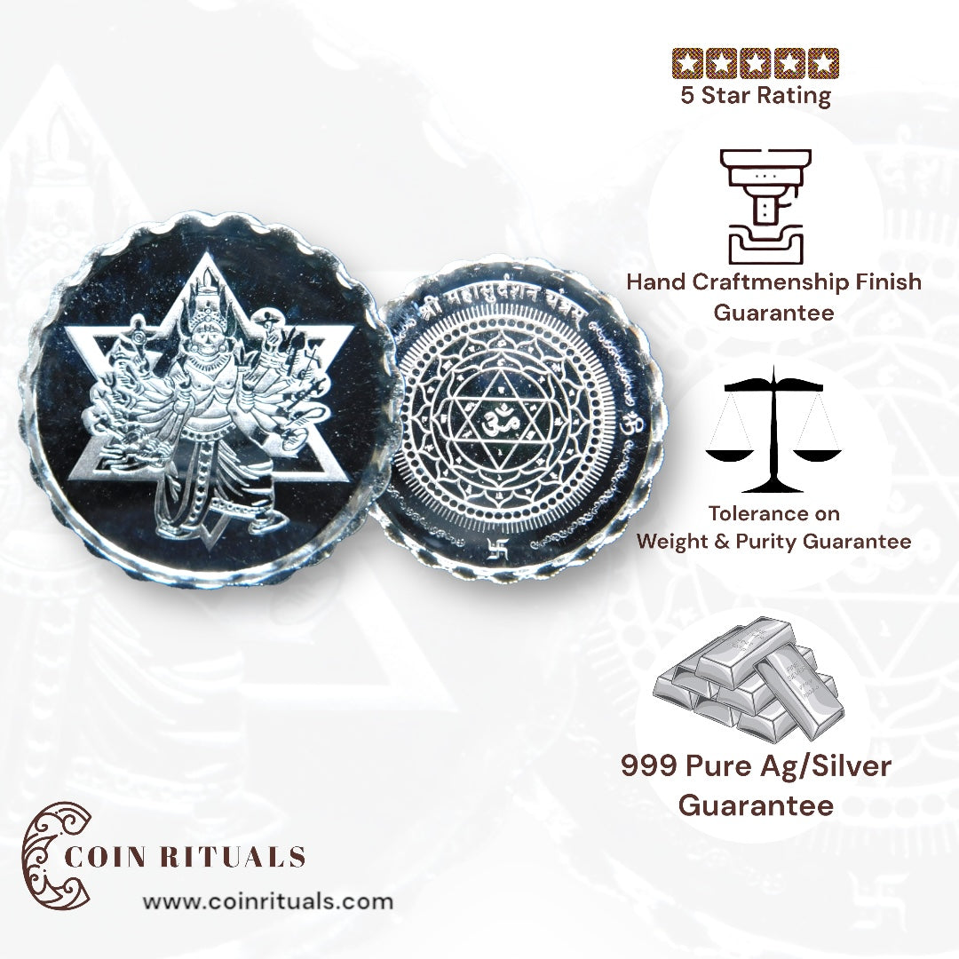 Sudarshan Chakra - 3D Silver Coin 24KT Purity 999 Round Shape - Backside Sudarshan Yantra - Coin Rituals