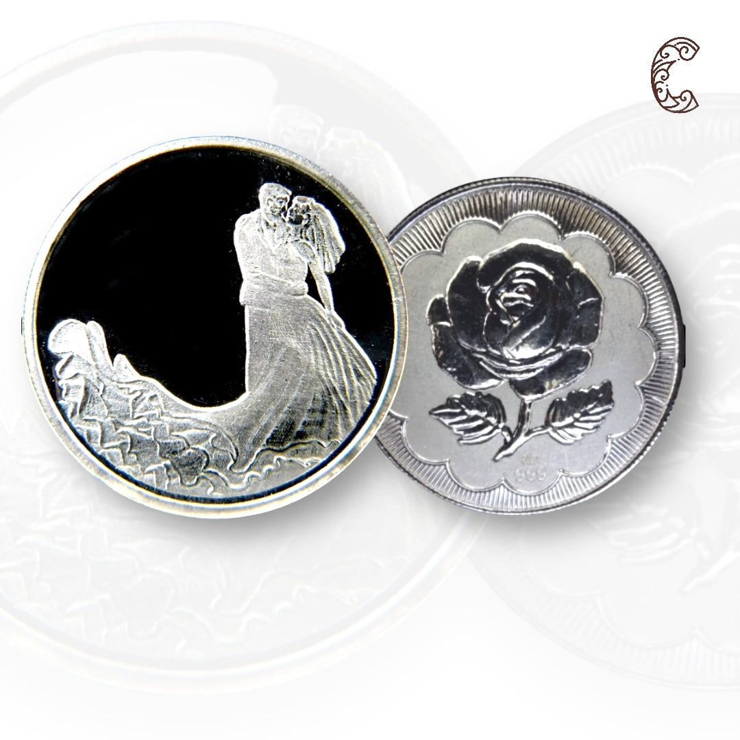 Couple - 3D Silver Coin 24KT Purity 999 Round Shape - Backside Rose - Coin Rituals