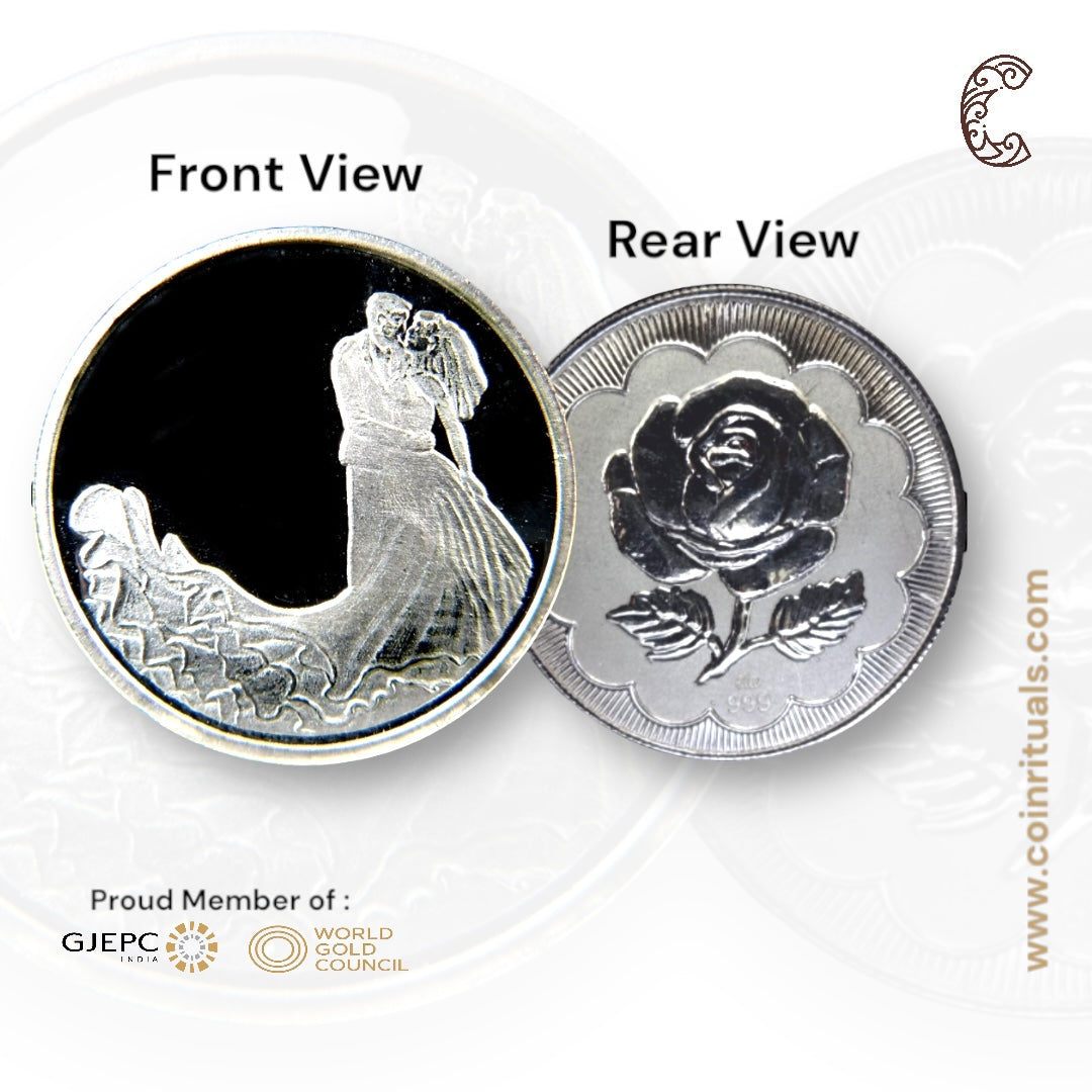 Couple - 3D Silver Coin 24KT Purity 999 Round Shape - Backside Rose - Coin Rituals