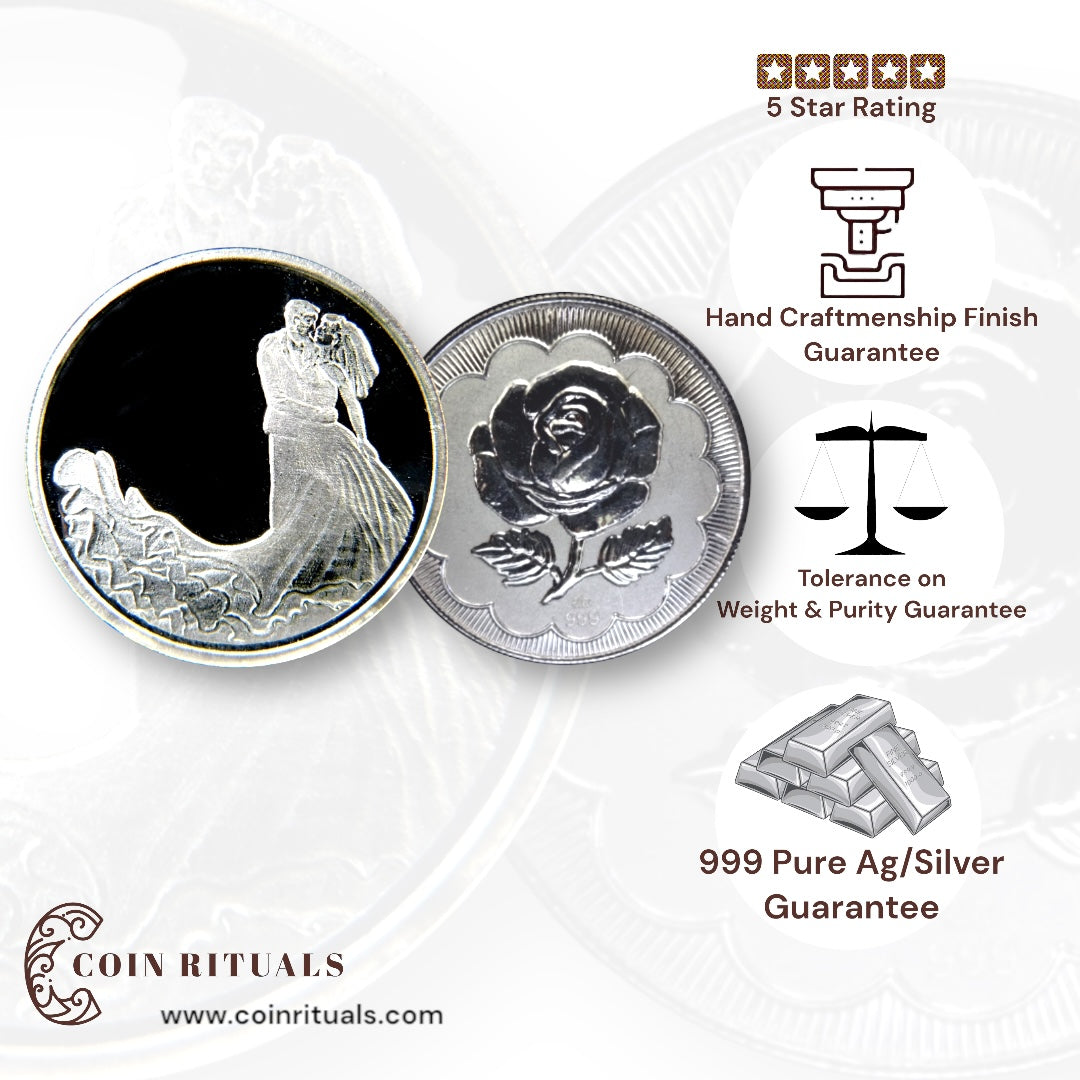 Couple - 3D Silver Coin 24KT Purity 999 Round Shape - Backside Rose - Coin Rituals