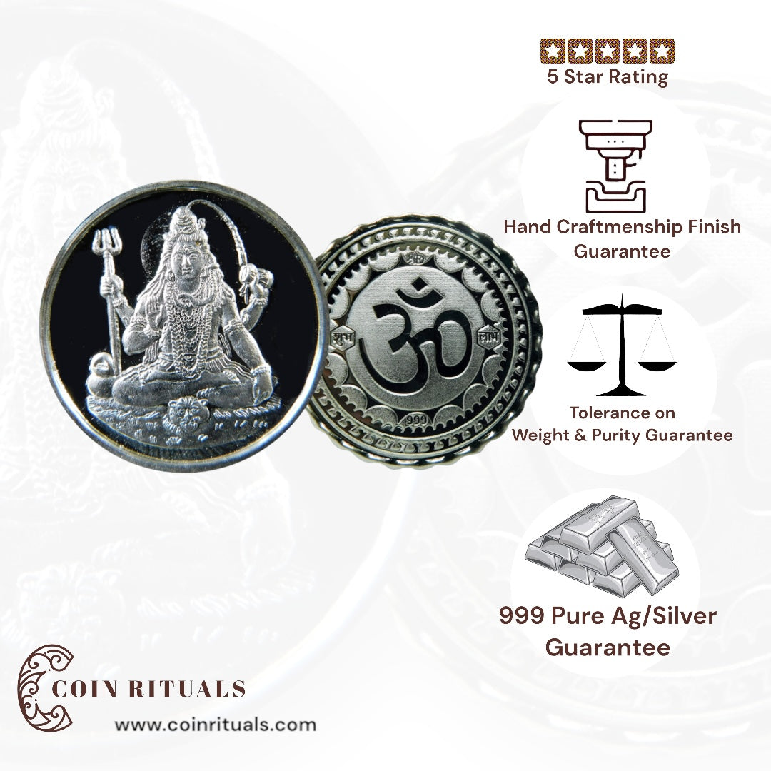 God Shiv - 3D Silver Coin 24KT Purity 999 Round Shape - Backside Om - Coin Rituals