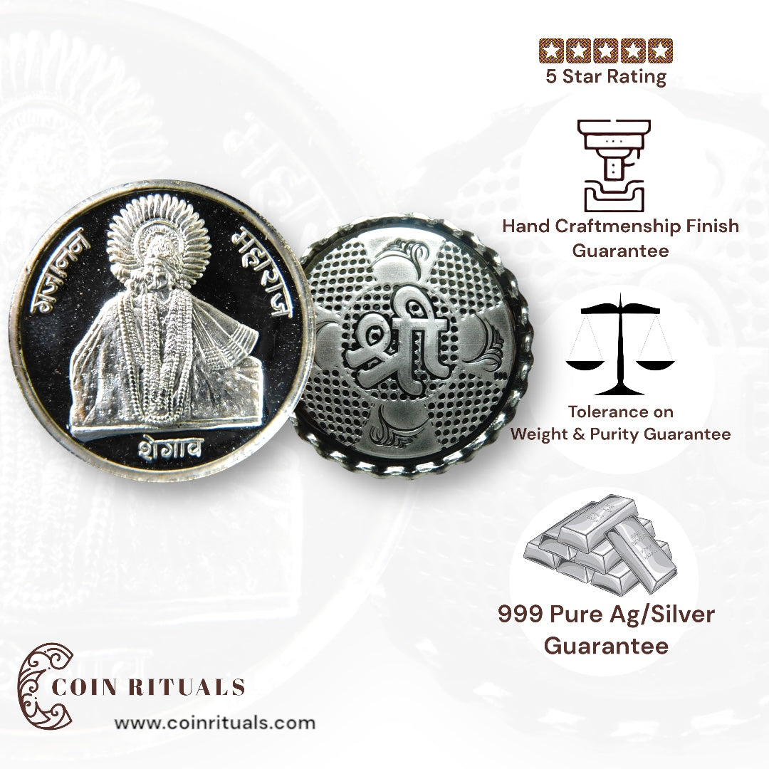 Gajanan Maharaj - 3D Silver Coin 24KT Purity 999 Round Shape - Backside Shree - Coin Rituals