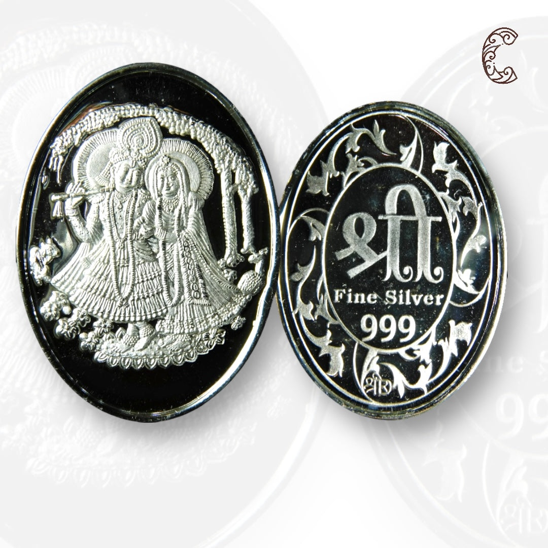 Goddess Radha & Krishna - 3D Silver Coin 24KT Purity 999 Round Shape - Backside Shree - Coin Rituals