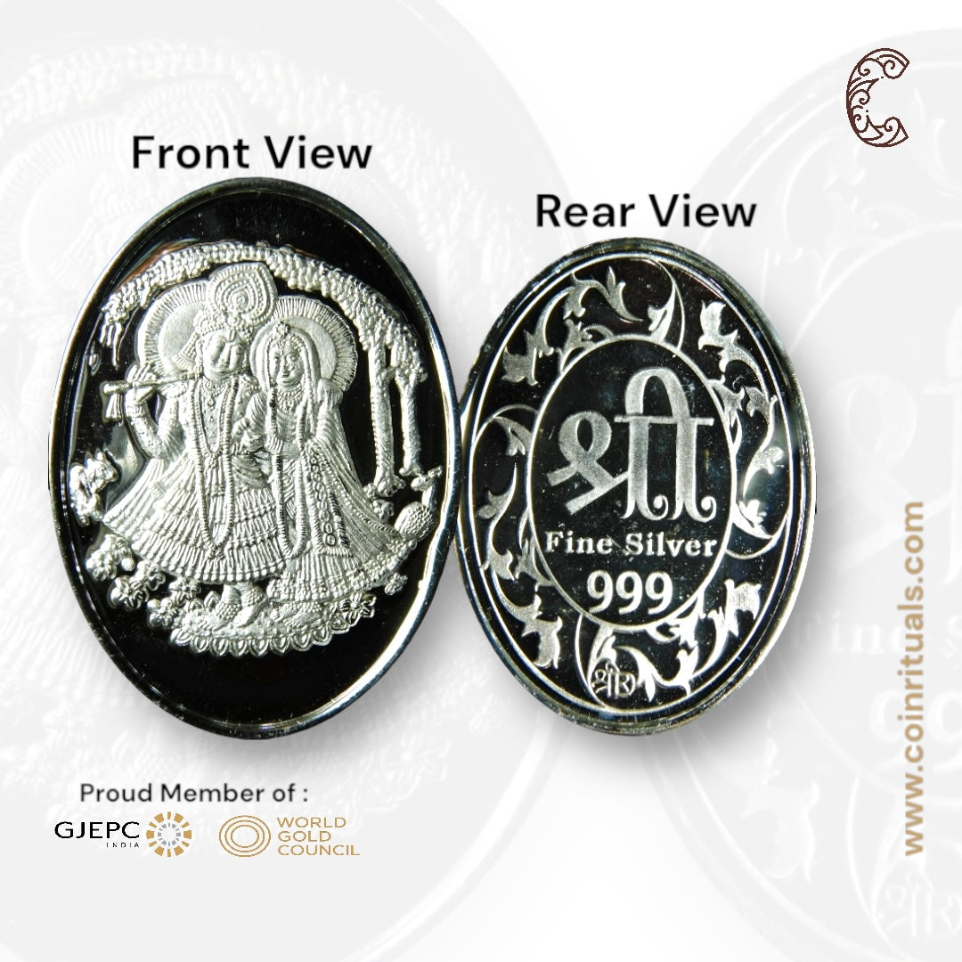 Goddess Radha & Krishna - 3D Silver Coin 24KT Purity 999 Round Shape - Backside Shree - Coin Rituals
